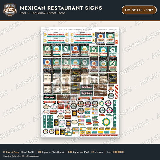 Alpine Railworks 30387HO HO Scale Mexican Restaurant Signs - Taqueria