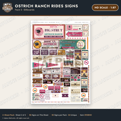 Alpine Railworks 31138HO HO Scale Roadside Signs - Ostrich Farm