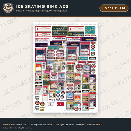 Alpine Railworks 30066HO HO Scale Ice Skating Rink Ads - Hockey Night