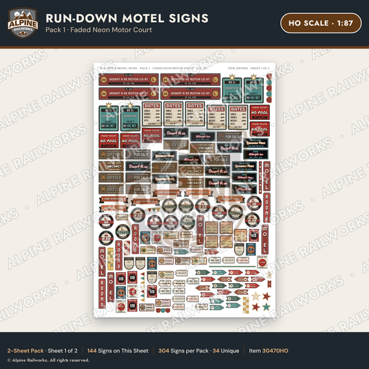 Alpine Railworks 30470HO HO Scale Run-Down Motel Signs