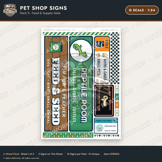 Alpine Railworks 30666G G Scale Pet Shop Signs - Feed & Supply Aisle