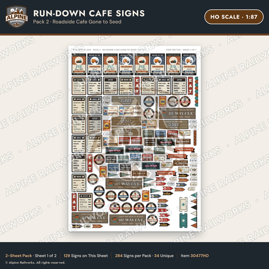Alpine Railworks 30477HO HO Scale Run-Down Cafe Signs