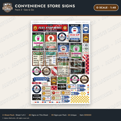 Alpine Railworks 30502O O Scale Convenience Store Signs - Gas & Go