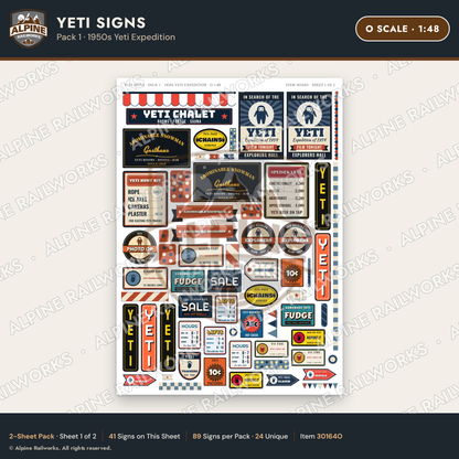 Alpine Railworks 30164O O Scale Yeti Signs - 1950s Yeti Expedition