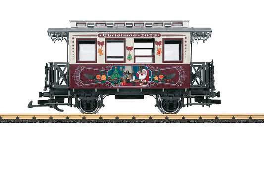 LGB 36023 G Scale Wooden 2-Axle Passenger Car - Ready to Run -- 2023 Christmas Car (cream, red, silver, Santa Scene)