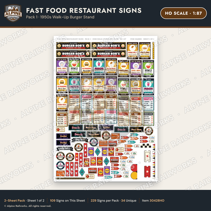 Alpine Railworks 30428HO HO Scale Fast Food Restaurant Signs