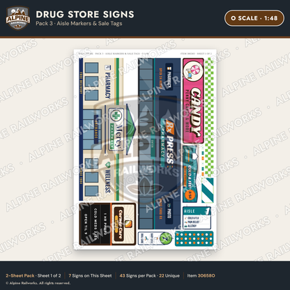 Alpine Railworks 30658O O Scale Drug Store Signs - Aisle Markers