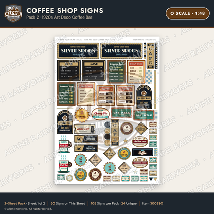 Alpine Railworks 30093O O Scale Coffee Shop Signs