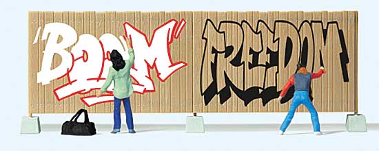 Preiser 10334 HO Scale Graffiti Artists -- 2 Figures & Fence