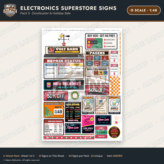 Alpine Railworks 30678O O Scale Electronics Superstore Signs
