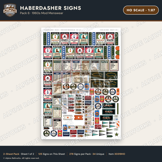 Alpine Railworks 30319HO HO Scale Haberdasher Signs - Mod Menswear