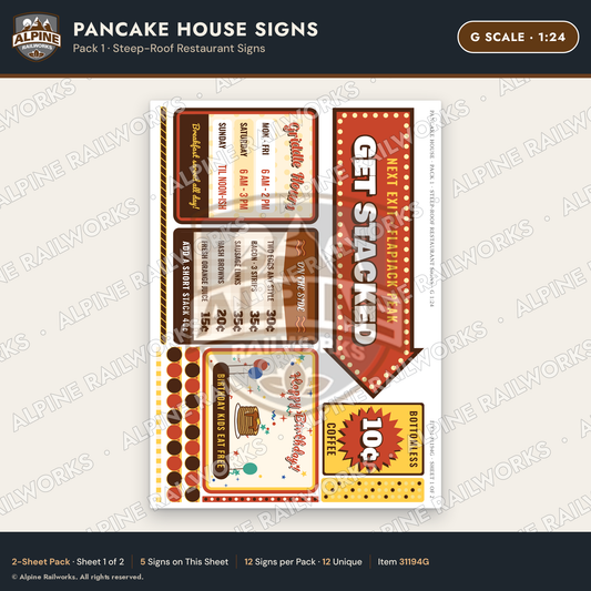 Alpine Railworks 31194G G Scale Pancake House Signs - Restaurant Front
