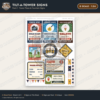 Alpine Railworks 31050G G Scale Roadside Signs - Leaning Tower