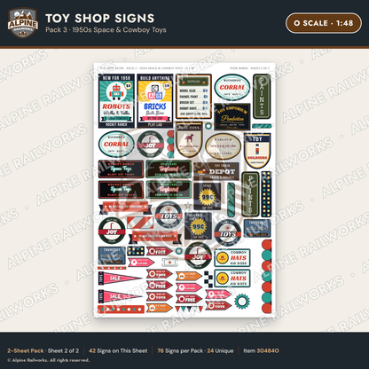 Alpine Railworks 30484O O Scale Toy Shop Signs - 1950s Space