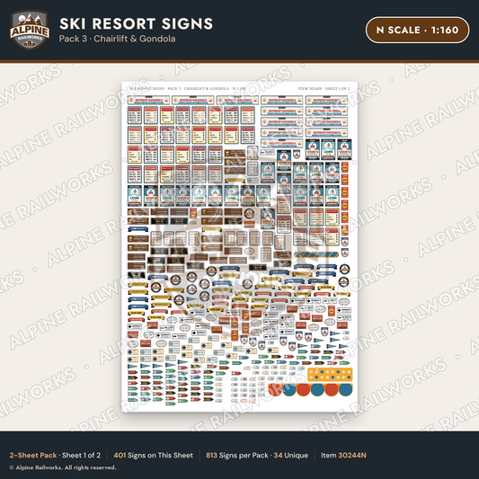 Alpine Railworks 30244N N Scale Ski Resort Signs - Chairlift & Gondola