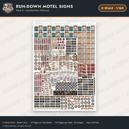 Alpine Railworks 30475N N Scale Run-Down Motel Signs