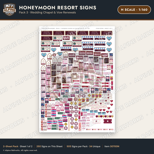 Alpine Railworks 30700N N Scale Honeymoon Resort Signs