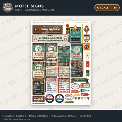 Alpine Railworks 30128O O Scale Motel Signs - Tourist Cabins