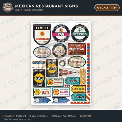 Alpine Railworks 30389G G Scale Mexican Restaurant Signs