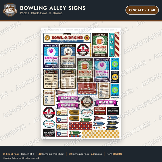 Alpine Railworks 30224O O Scale Bowling Alley Signs - Bowl-O-Drome