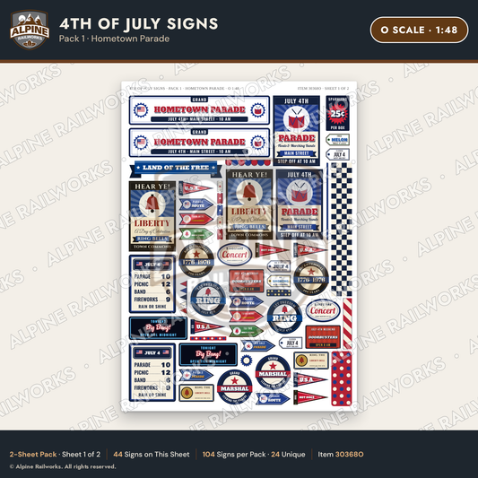Alpine Railworks 30368O O Scale 4th of July Signs - Hometown Parade