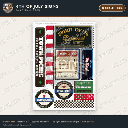 Alpine Railworks 30370G G Scale 4th of July Signs - Picnic & BBQ