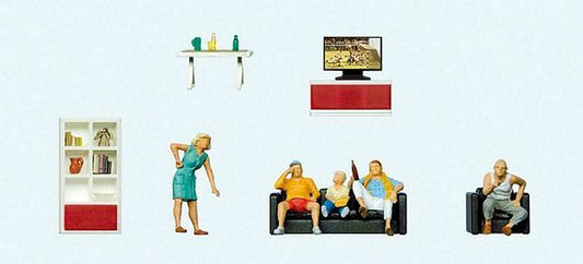 Preiser 10649 HO Scale Family Watching TV -- 5 Figures & Living Room Furniture