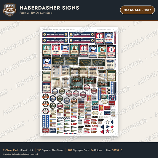 Alpine Railworks 30316HO HO Scale Haberdasher Signs - 1940s Suit Sale