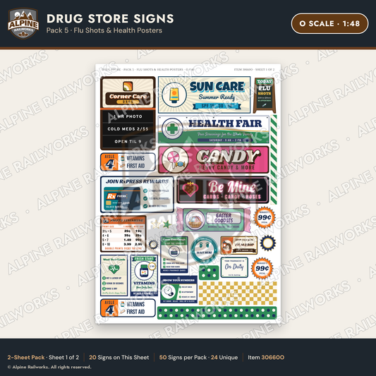 Alpine Railworks 30660O O Scale Drug Store Signs - Flu Shots
