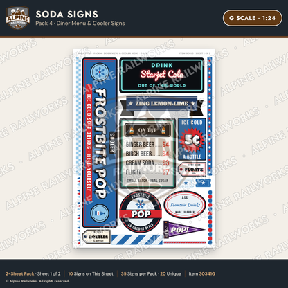 Alpine Railworks 30341G G Scale Soda Signs - Diner Menu & Cooler