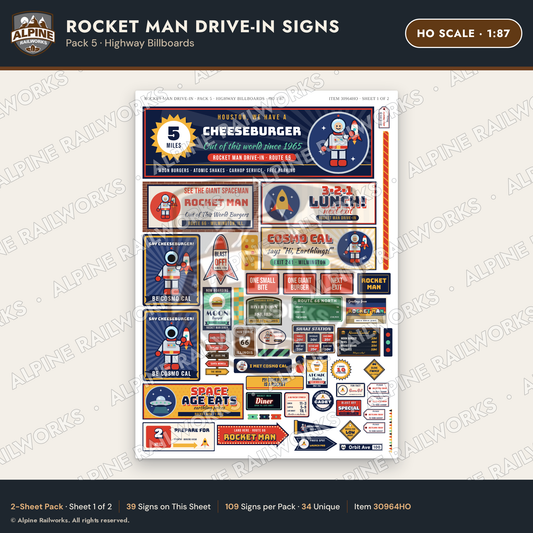 Alpine Railworks 30964HO HO Scale Roadside Signs - Spaceman Drive-In