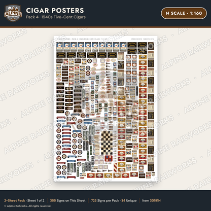 Alpine Railworks 30191N N Scale Cigar Posters - 1940s Five-Cent Cigars