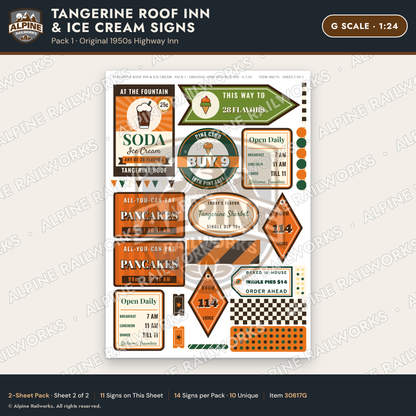 Alpine Railworks 30617G G Scale Restaurant Signs - Orange Roof Diner
