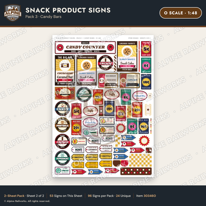 Alpine Railworks 30346O O Scale Snack Product Signs - Candy Bars