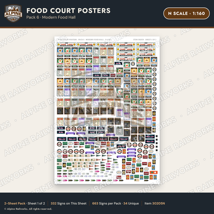Alpine Railworks 30205N N Scale Food Court Posters - Modern Food Hall