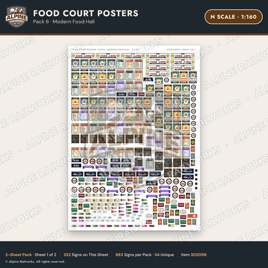 Alpine Railworks 30205N N Scale Food Court Posters - Modern Food Hall