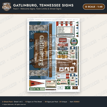Alpine Railworks 31266O O Scale Gatlinburg TN Signs - Welcome Signs
