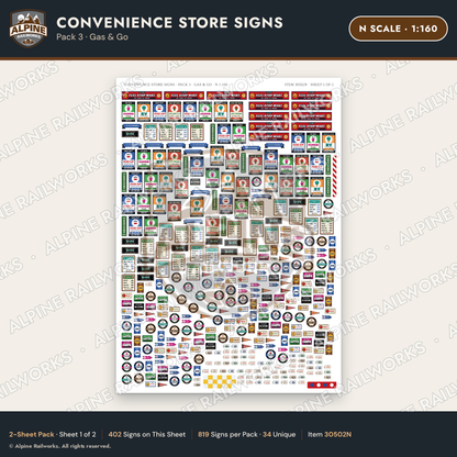Alpine Railworks 30502N N Scale Convenience Store Signs - Gas & Go