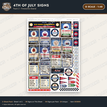 Alpine Railworks 30369O O Scale 4th of July Signs - Fireworks Stand