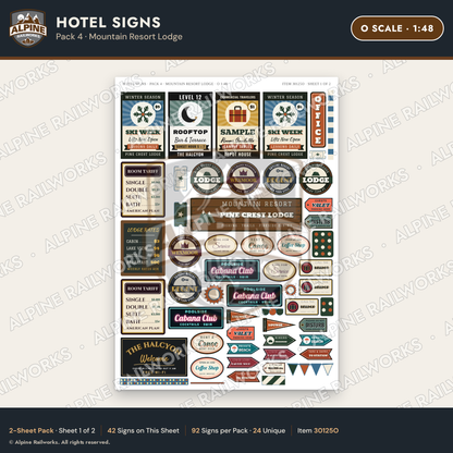 Alpine Railworks 30125O O Scale Hotel Signs - Mountain Resort Lodge