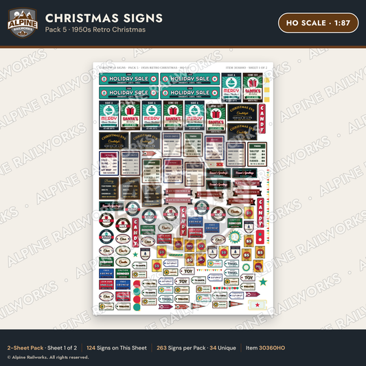 Alpine Railworks 30360HO HO Scale Christmas Signs - Retro Christmas