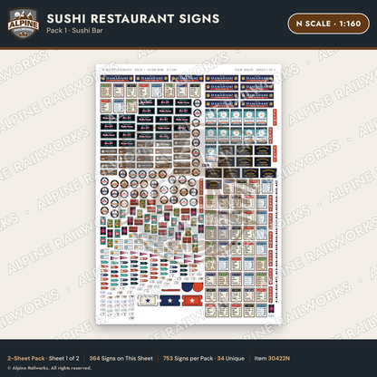 Alpine Railworks 30422N N Scale Sushi Restaurant Signs - Sushi Bar