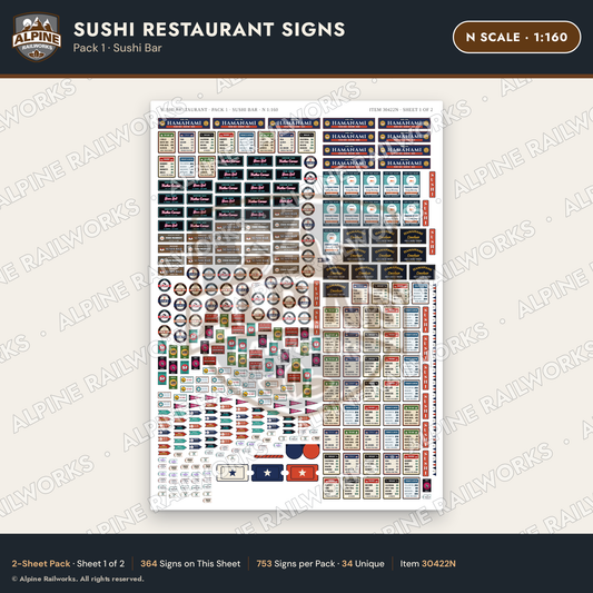 Alpine Railworks 30422N N Scale Sushi Restaurant Signs - Sushi Bar