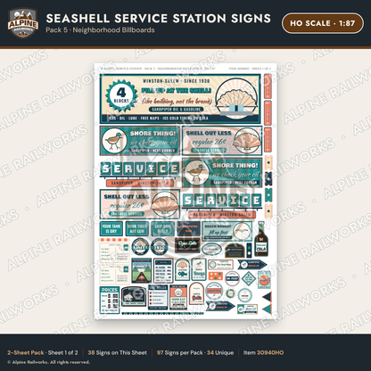 Alpine Railworks 30940HO HO Scale Roadside Signs - Seashell Station
