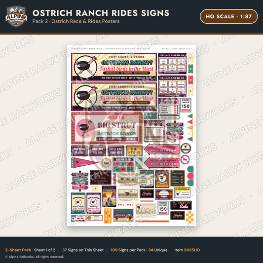 Alpine Railworks 31135HO HO Scale Roadside Signs - Ostrich Farm