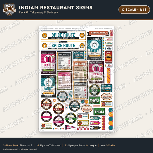 Alpine Railworks 30397O O Scale Indian Restaurant Signs - Takeaway