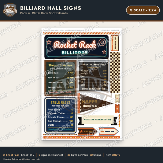 Alpine Railworks 30101G G Scale Billiard Hall Signs