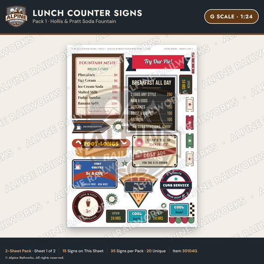 Alpine Railworks 30104G G Scale Lunch Counter Signs - Hollis