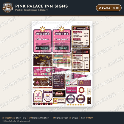 Alpine Railworks 31040O O Scale Roadside Signs - Pink Themed Motel