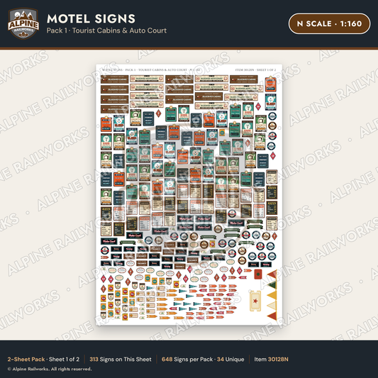 Alpine Railworks 30128N N Scale Motel Signs - Tourist Cabins